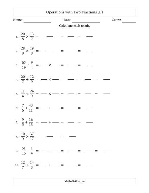 The Operations with Proper and Improper Fractions with Unlike Denominators, Mixed Fractions Results and Some Simplifying (Fillable) (B) Math Worksheet