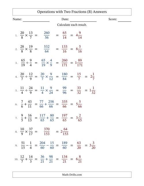 The Operations with Proper and Improper Fractions with Unlike Denominators, Mixed Fractions Results and Some Simplifying (Fillable) (B) Math Worksheet Page 2