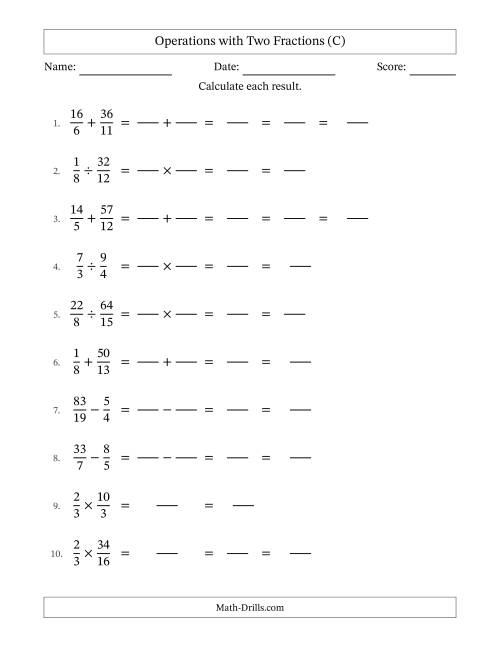The Operations with Proper and Improper Fractions with Unlike Denominators, Mixed Fractions Results and Some Simplifying (Fillable) (C) Math Worksheet