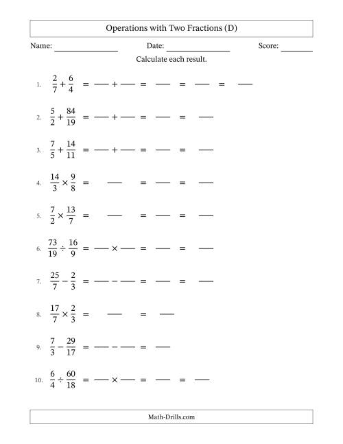 The Operations with Proper and Improper Fractions with Unlike Denominators, Mixed Fractions Results and Some Simplifying (Fillable) (D) Math Worksheet