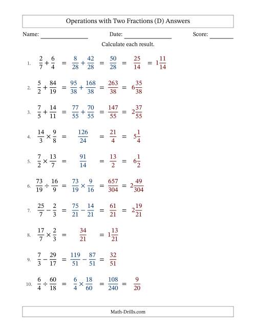 The Operations with Proper and Improper Fractions with Unlike Denominators, Mixed Fractions Results and Some Simplifying (Fillable) (D) Math Worksheet Page 2