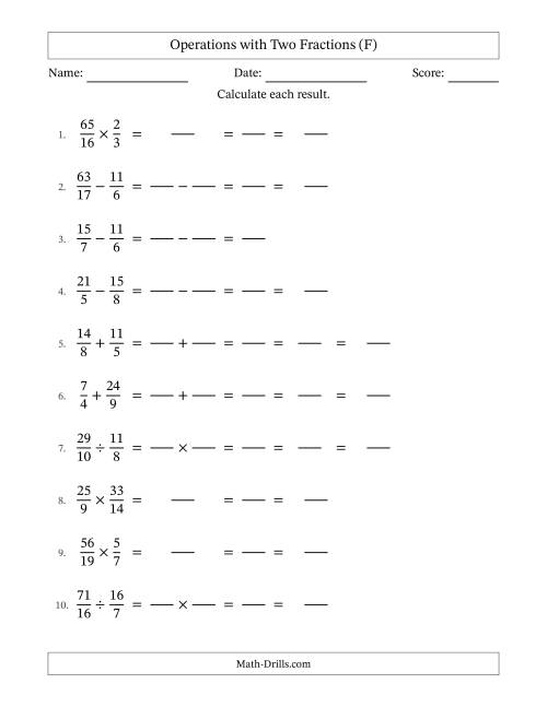 The Operations with Proper and Improper Fractions with Unlike Denominators, Mixed Fractions Results and Some Simplifying (Fillable) (F) Math Worksheet
