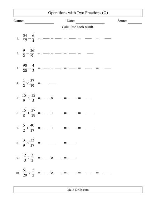 The Operations with Proper and Improper Fractions with Unlike Denominators, Mixed Fractions Results and Some Simplifying (Fillable) (G) Math Worksheet
