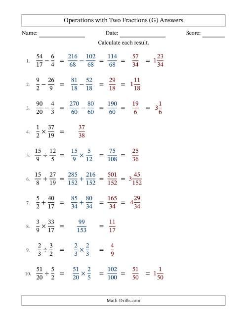 The Operations with Proper and Improper Fractions with Unlike Denominators, Mixed Fractions Results and Some Simplifying (Fillable) (G) Math Worksheet Page 2