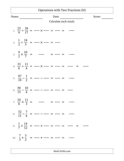 The Operations with Proper and Improper Fractions with Unlike Denominators, Mixed Fractions Results and Some Simplifying (Fillable) (H) Math Worksheet