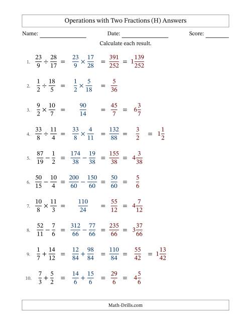 The Operations with Proper and Improper Fractions with Unlike Denominators, Mixed Fractions Results and Some Simplifying (Fillable) (H) Math Worksheet Page 2