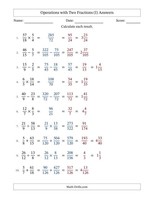The Operations with Proper and Improper Fractions with Unlike Denominators, Mixed Fractions Results and Some Simplifying (Fillable) (I) Math Worksheet Page 2