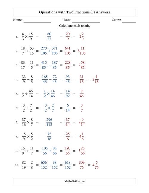 The Operations with Proper and Improper Fractions with Unlike Denominators, Mixed Fractions Results and Some Simplifying (Fillable) (J) Math Worksheet Page 2