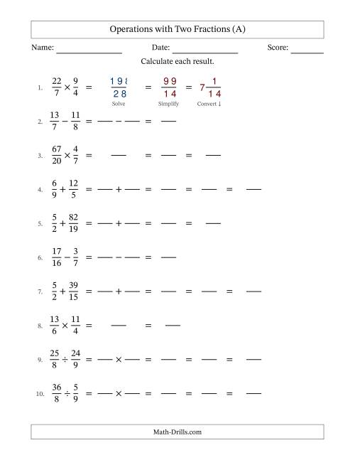 The Operations with Proper and Improper Fractions with Unlike Denominators, Mixed Fractions Results and Some Simplifying (Fillable) (All) Math Worksheet