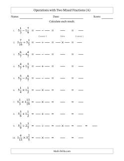 Operations with Two Mixed Fractions with Equal Denominators, Mixed Fractions Results and No Simplifying (Fillable)