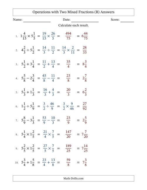 The Operations with Two Mixed Fractions with Equal Denominators, Mixed Fractions Results and No Simplifying (Fillable) (B) Math Worksheet Page 2