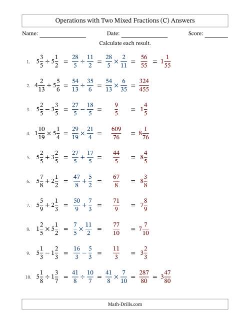 The Operations with Two Mixed Fractions with Equal Denominators, Mixed Fractions Results and No Simplifying (Fillable) (C) Math Worksheet Page 2