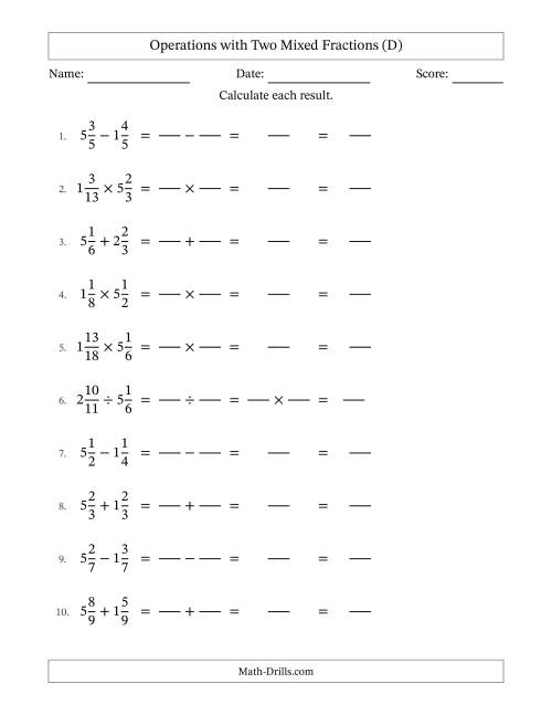 The Operations with Two Mixed Fractions with Equal Denominators, Mixed Fractions Results and No Simplifying (Fillable) (D) Math Worksheet