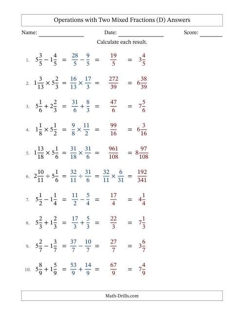 The Operations with Two Mixed Fractions with Equal Denominators, Mixed Fractions Results and No Simplifying (Fillable) (D) Math Worksheet Page 2