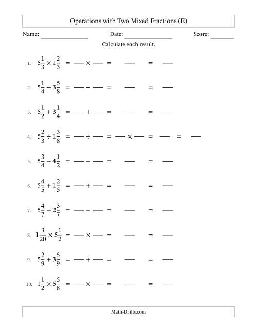 The Operations with Two Mixed Fractions with Equal Denominators, Mixed Fractions Results and No Simplifying (Fillable) (E) Math Worksheet