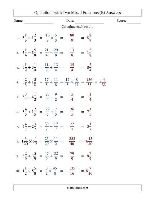 The Operations with Two Mixed Fractions with Equal Denominators, Mixed Fractions Results and No Simplifying (Fillable) (E) Math Worksheet Page 2