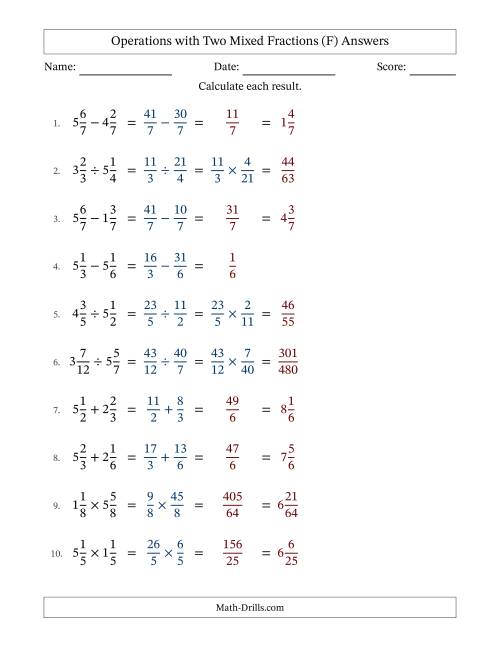 The Operations with Two Mixed Fractions with Equal Denominators, Mixed Fractions Results and No Simplifying (Fillable) (F) Math Worksheet Page 2