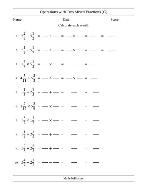The Operations with Two Mixed Fractions with Equal Denominators, Mixed Fractions Results and No Simplifying (Fillable) (G) Math Worksheet