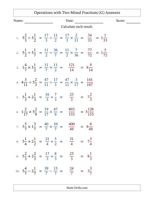 The Operations with Two Mixed Fractions with Equal Denominators, Mixed Fractions Results and No Simplifying (Fillable) (G) Math Worksheet Page 2