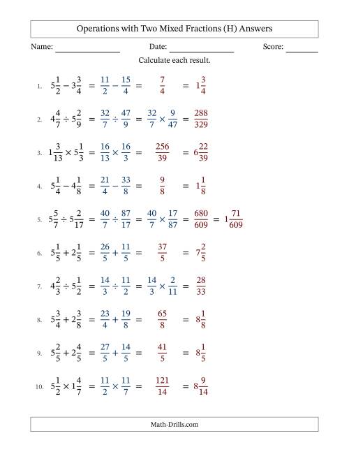 The Operations with Two Mixed Fractions with Equal Denominators, Mixed Fractions Results and No Simplifying (Fillable) (H) Math Worksheet Page 2