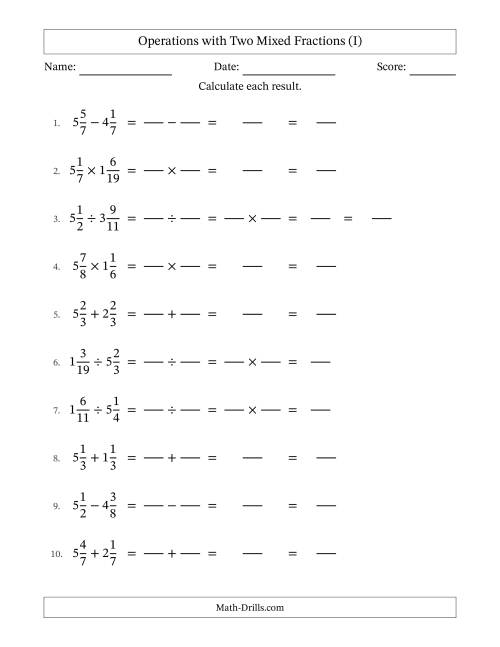 The Operations with Two Mixed Fractions with Equal Denominators, Mixed Fractions Results and No Simplifying (Fillable) (I) Math Worksheet