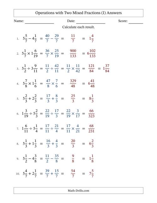 The Operations with Two Mixed Fractions with Equal Denominators, Mixed Fractions Results and No Simplifying (Fillable) (I) Math Worksheet Page 2