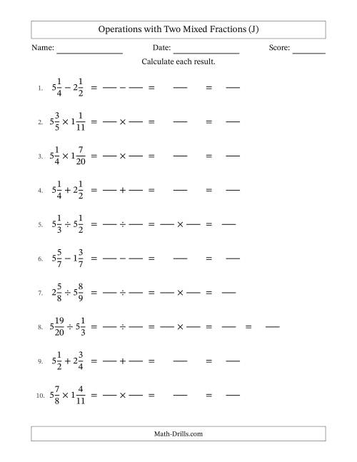 The Operations with Two Mixed Fractions with Equal Denominators, Mixed Fractions Results and No Simplifying (Fillable) (J) Math Worksheet