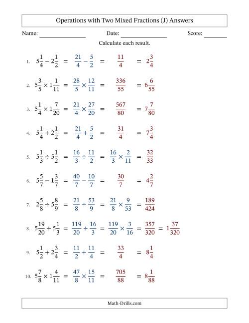 The Operations with Two Mixed Fractions with Equal Denominators, Mixed Fractions Results and No Simplifying (Fillable) (J) Math Worksheet Page 2