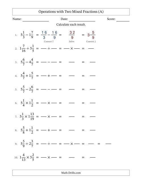 The Operations with Two Mixed Fractions with Equal Denominators, Mixed Fractions Results and No Simplifying (Fillable) (All) Math Worksheet