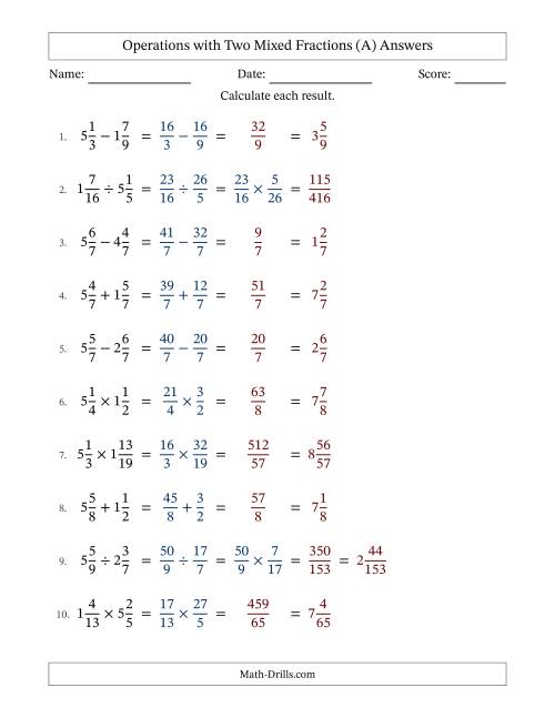 The Operations with Two Mixed Fractions with Equal Denominators, Mixed Fractions Results and No Simplifying (Fillable) (All) Math Worksheet Page 2