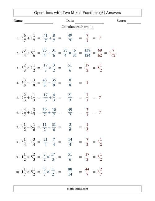 The Operations with Two Mixed Fractions with Equal Denominators, Mixed Fractions Results and All Simplifying (Fillable) (A) Math Worksheet Page 2