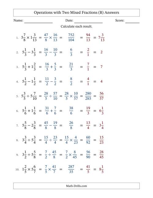 The Operations with Two Mixed Fractions with Equal Denominators, Mixed Fractions Results and All Simplifying (Fillable) (B) Math Worksheet Page 2