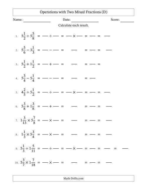 The Operations with Two Mixed Fractions with Equal Denominators, Mixed Fractions Results and All Simplifying (Fillable) (D) Math Worksheet