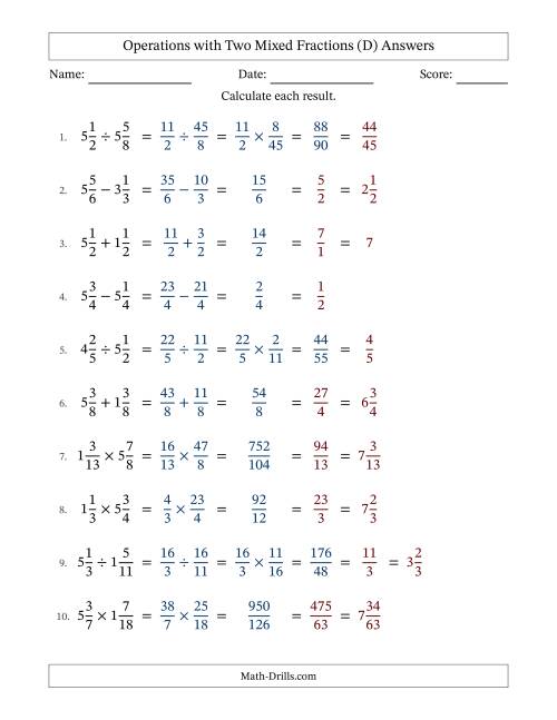 The Operations with Two Mixed Fractions with Equal Denominators, Mixed Fractions Results and All Simplifying (Fillable) (D) Math Worksheet Page 2