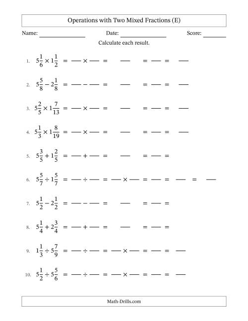 The Operations with Two Mixed Fractions with Equal Denominators, Mixed Fractions Results and All Simplifying (Fillable) (E) Math Worksheet