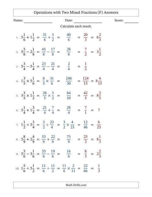 The Operations with Two Mixed Fractions with Equal Denominators, Mixed Fractions Results and All Simplifying (Fillable) (F) Math Worksheet Page 2