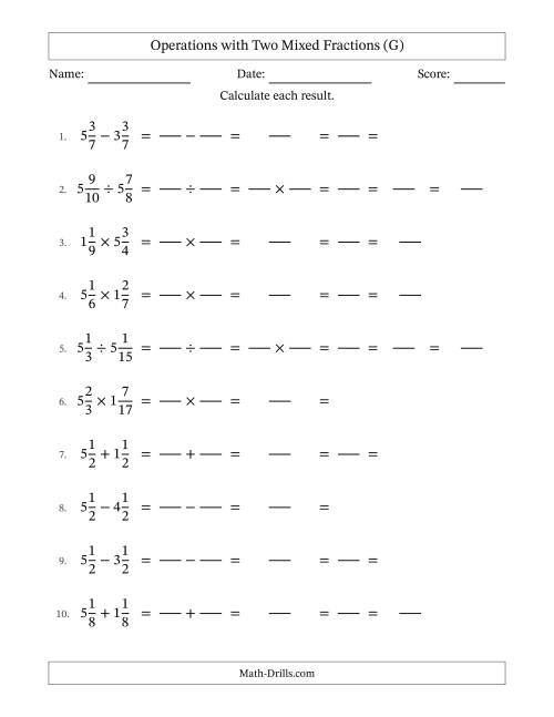 The Operations with Two Mixed Fractions with Equal Denominators, Mixed Fractions Results and All Simplifying (Fillable) (G) Math Worksheet