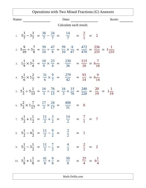 The Operations with Two Mixed Fractions with Equal Denominators, Mixed Fractions Results and All Simplifying (Fillable) (G) Math Worksheet Page 2