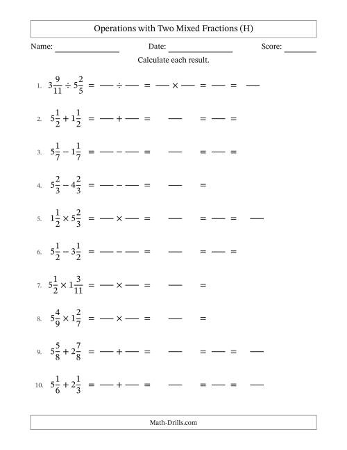 The Operations with Two Mixed Fractions with Equal Denominators, Mixed Fractions Results and All Simplifying (Fillable) (H) Math Worksheet