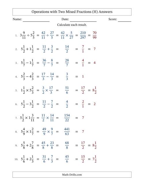 The Operations with Two Mixed Fractions with Equal Denominators, Mixed Fractions Results and All Simplifying (Fillable) (H) Math Worksheet Page 2