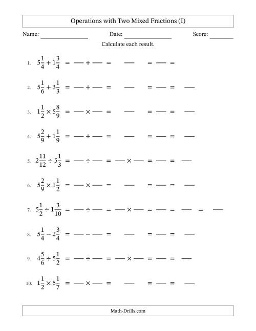 The Operations with Two Mixed Fractions with Equal Denominators, Mixed Fractions Results and All Simplifying (Fillable) (I) Math Worksheet