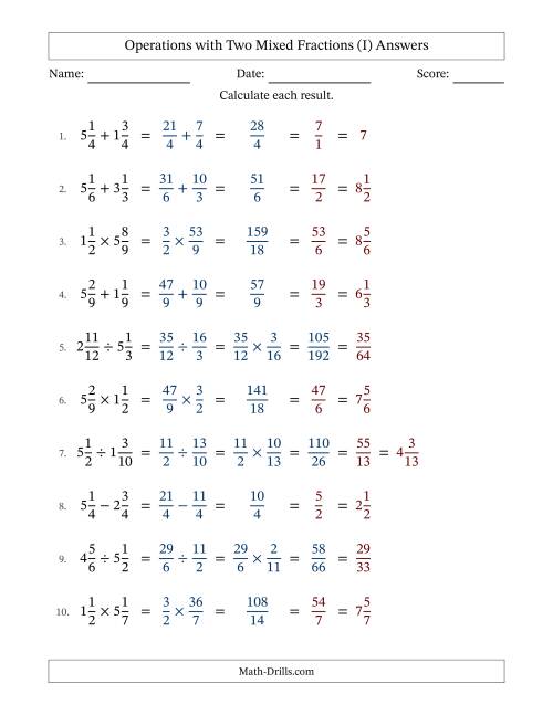 The Operations with Two Mixed Fractions with Equal Denominators, Mixed Fractions Results and All Simplifying (Fillable) (I) Math Worksheet Page 2