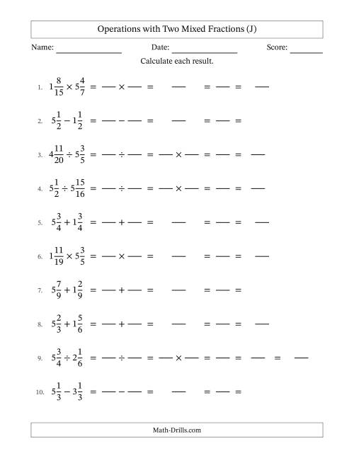 The Operations with Two Mixed Fractions with Equal Denominators, Mixed Fractions Results and All Simplifying (Fillable) (J) Math Worksheet
