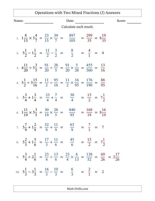 The Operations with Two Mixed Fractions with Equal Denominators, Mixed Fractions Results and All Simplifying (Fillable) (J) Math Worksheet Page 2