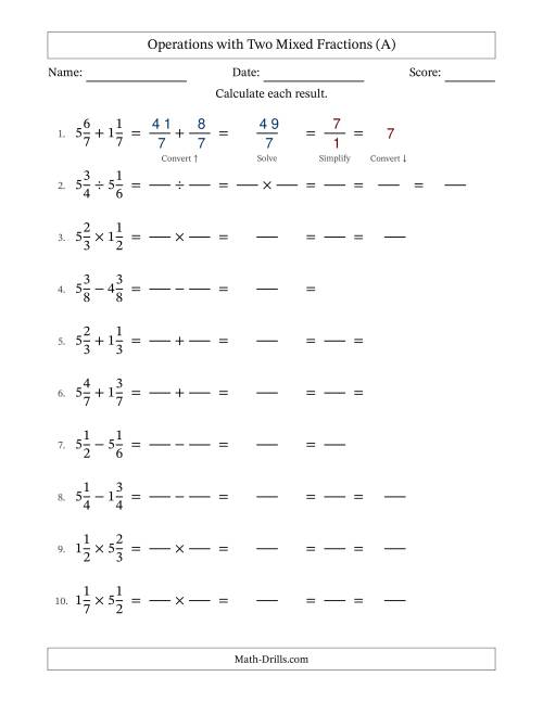 The Operations with Two Mixed Fractions with Equal Denominators, Mixed Fractions Results and All Simplifying (Fillable) (All) Math Worksheet