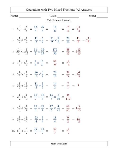 The Operations with Two Mixed Fractions with Equal Denominators, Mixed Fractions Results and Some Simplifying (Fillable) (A) Math Worksheet Page 2