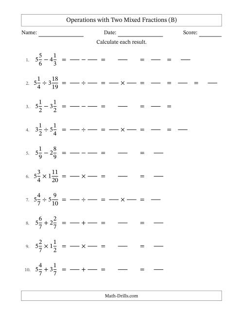 The Operations with Two Mixed Fractions with Equal Denominators, Mixed Fractions Results and Some Simplifying (Fillable) (B) Math Worksheet
