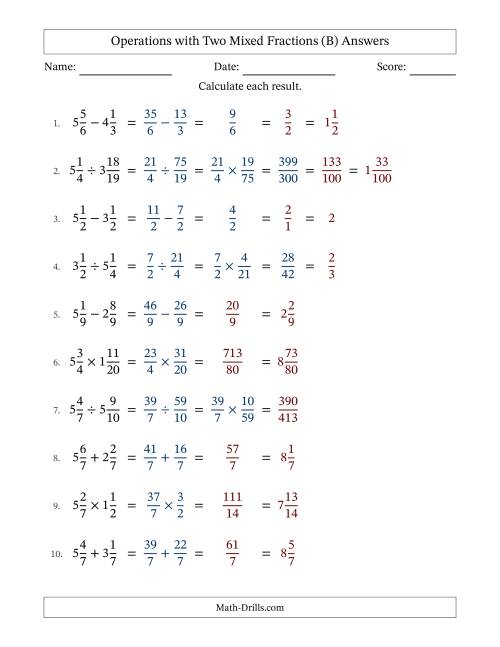The Operations with Two Mixed Fractions with Equal Denominators, Mixed Fractions Results and Some Simplifying (Fillable) (B) Math Worksheet Page 2