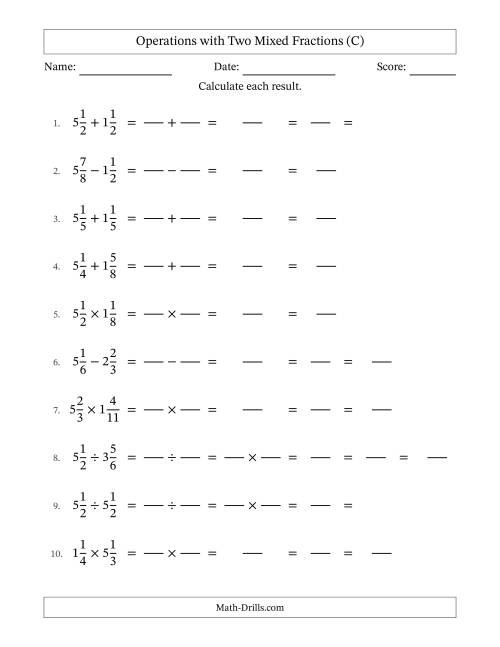 The Operations with Two Mixed Fractions with Equal Denominators, Mixed Fractions Results and Some Simplifying (Fillable) (C) Math Worksheet