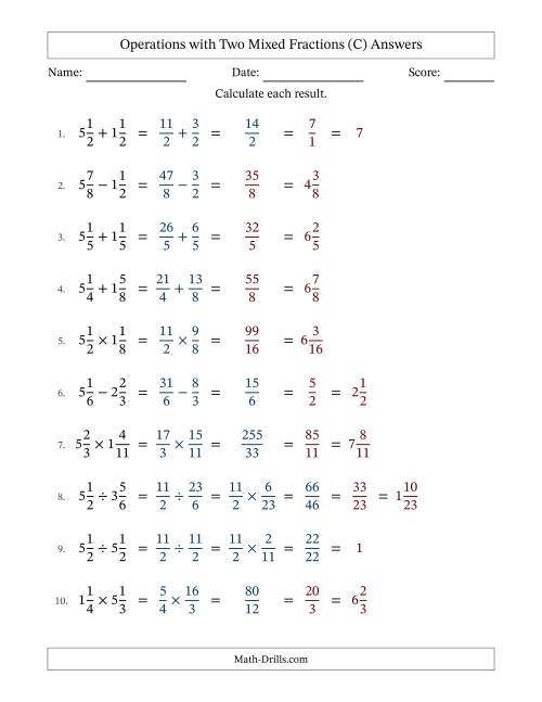 The Operations with Two Mixed Fractions with Equal Denominators, Mixed Fractions Results and Some Simplifying (Fillable) (C) Math Worksheet Page 2